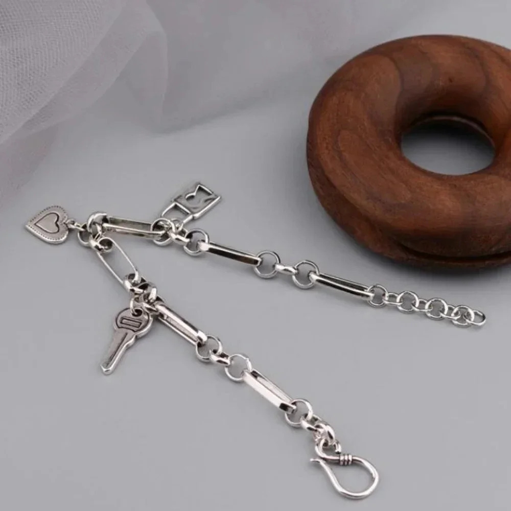 925 Sterling Silver Minimalist Lock Key Heart Chain Link Bracelet - Picture 4 of 5